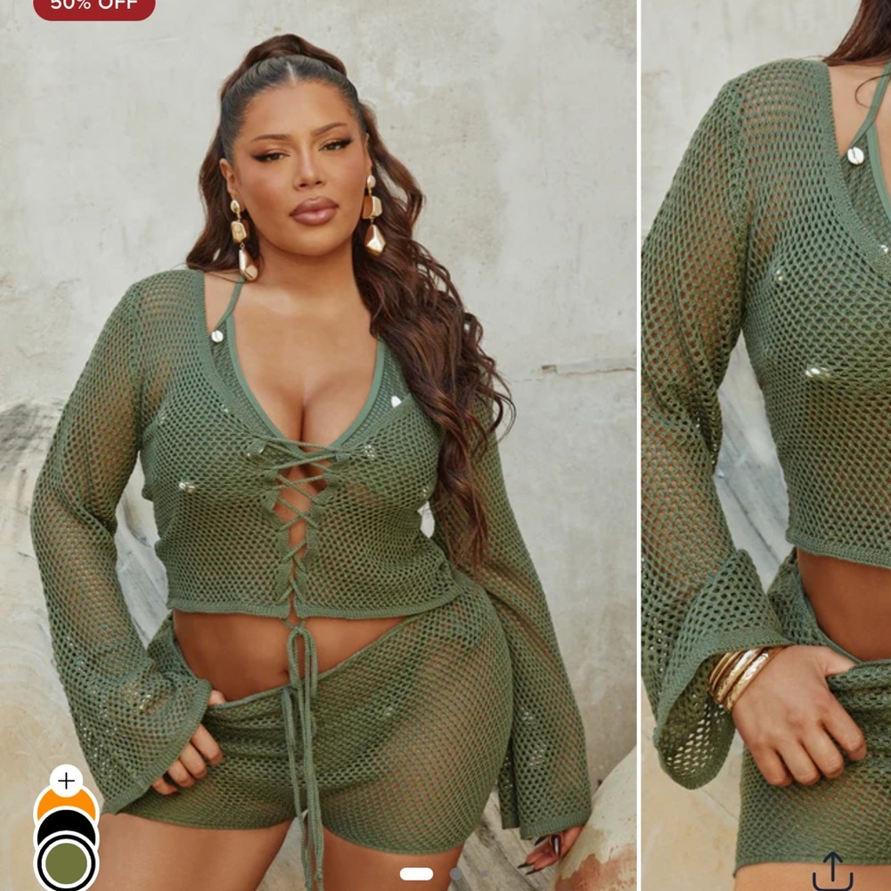 NWT - Olive Green Crochet Lace-Up Top and Skirt Beach Cover up Set